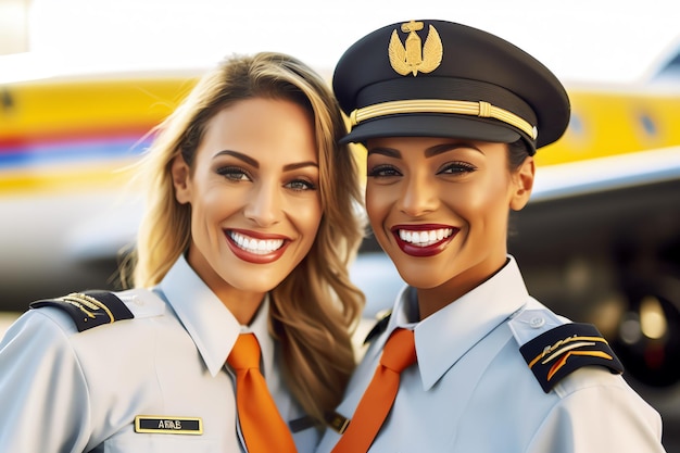 Twee vrouwen in blauwe uniformen met op de voorkant de woorden luchtmacht