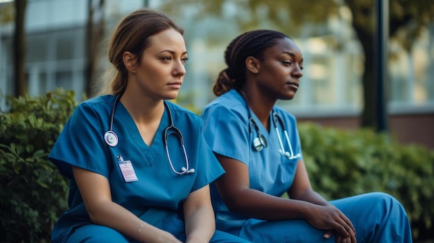 Foto twee vrouwen in blauwe uniformen zitten op een bankje.