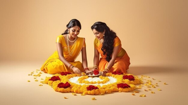 twee vrouwen in gele saris zitten op een tafel met bloemen en een kaars