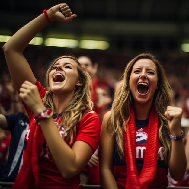 Twee vrouwen in het rood juichen het team toe