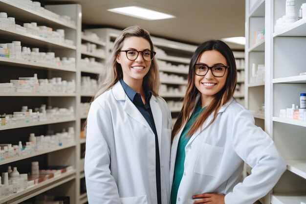 twee vrouwen in laboratoriumjassen staan in een apotheekkamer Generatieve AI