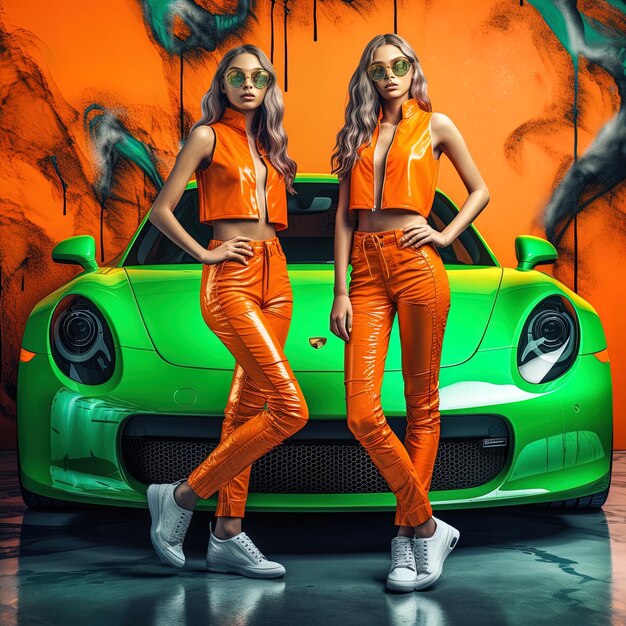 twee vrouwen in oranje outfits staan naast een groene auto.