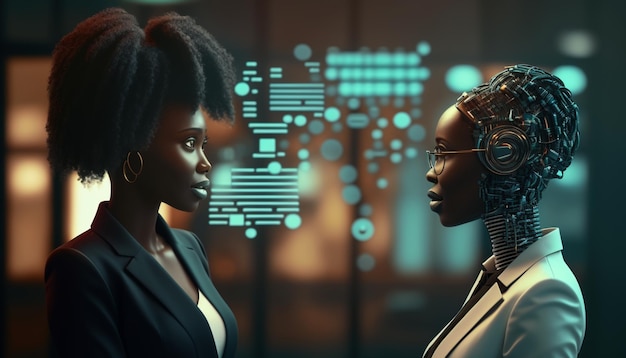 Twee vrouwen in pak staan tegenover elkaar, waarvan er één een digitaal scherm is met het woord 'cyber' erop.