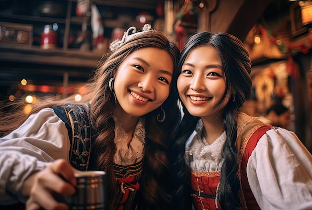 twee vrouwen in traditionele klederdracht delen samen een selfie in de stijl van levendige taferelen in een taverne