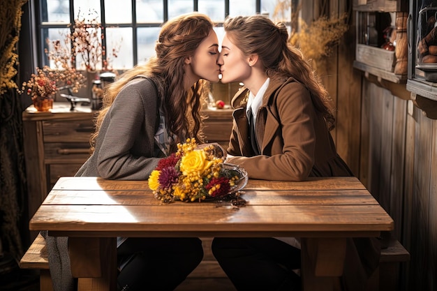 Twee vrouwen kussen aan een tafel Liefde concept