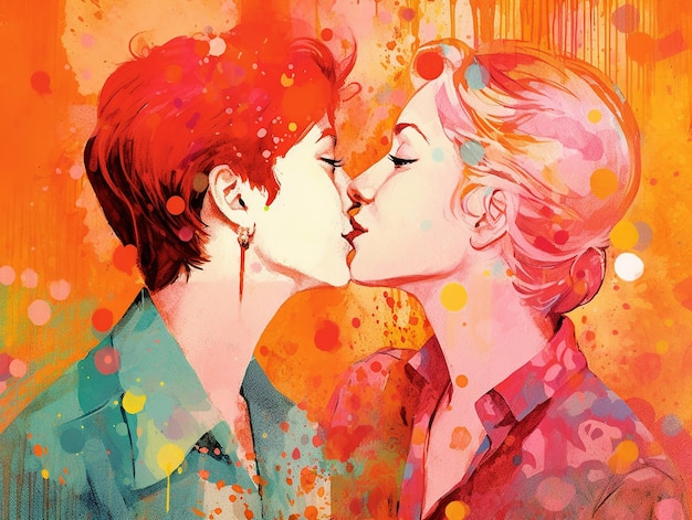 Twee vrouwen kussen elkaar met een scheutje regenboogkleuren om de LGBT-trotsdag te vieren