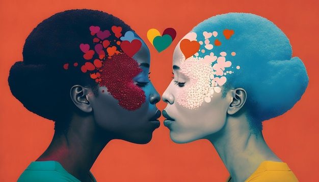 Twee vrouwen kussen elkaar met hartjes op een oranje achtergrond