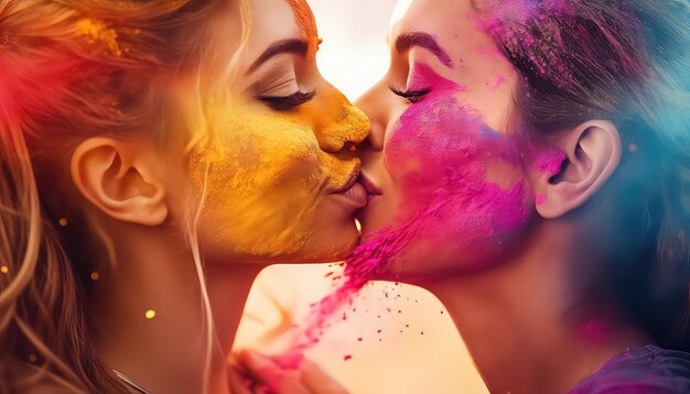 Twee vrouwen kussen in verf op het festival Happy Holi Indiase concept