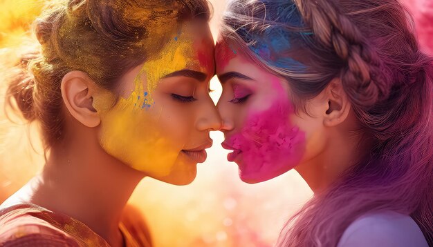 Twee vrouwen kussen in verf op het festival Happy Holi Indiase concept