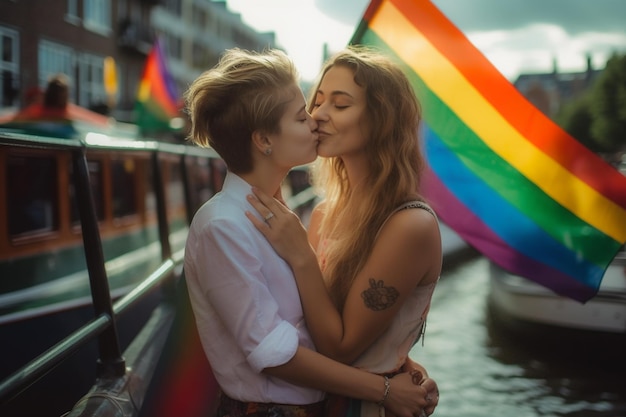 Foto twee vrouwen kussen op een boot in amsterdam.