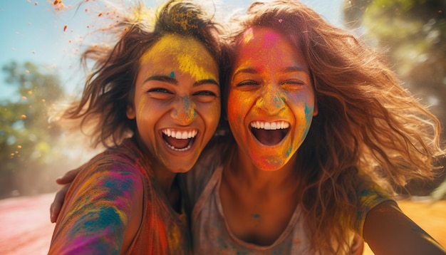 Twee vrouwen lachen en de ene heeft een kleurrijk gezicht en de andere heeft het woord erop geschilderd.