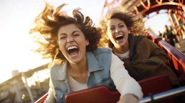 Foto twee vrouwen lachen terwijl ze in een achtbaan rijden