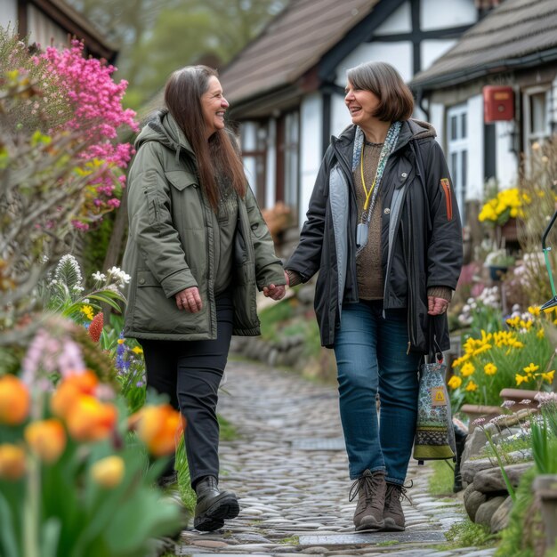 Foto twee vrouwen lopen door een straat in een klein dorpje.