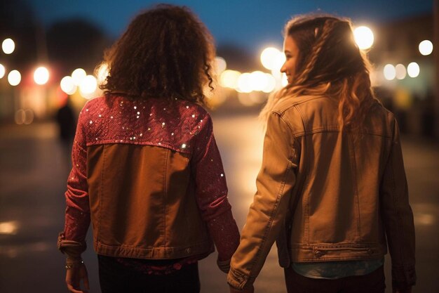 Foto twee vrouwen lopen hand in hand door een straat.