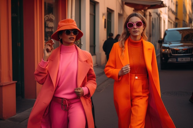 Foto twee vrouwen lopen in de stadsstraat met kleurrijke outfit generatieve ai aig21