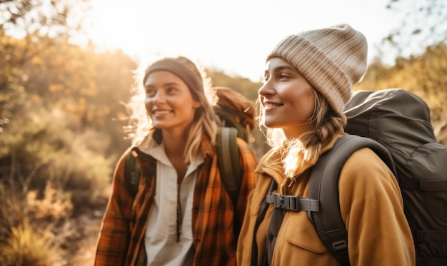 Twee vrouwen lopen in een bos met een rugzak op hun rug