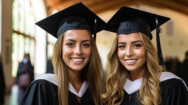 twee vrouwen met afstudeerkappen en jurken