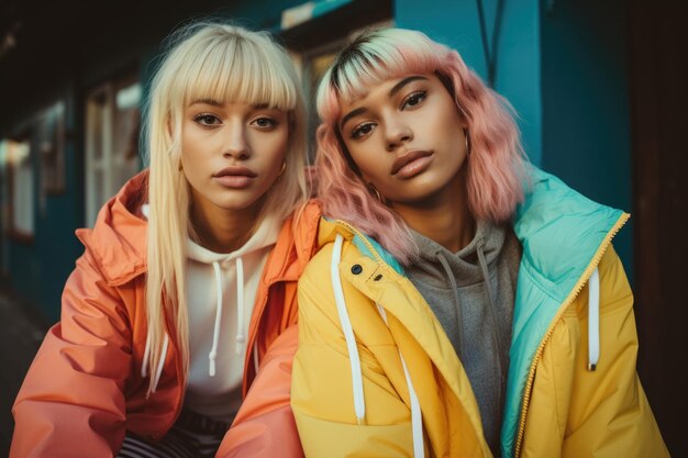 Twee vrouwen met blond haar en kleurrijke jassen