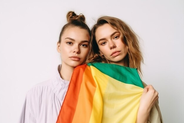 twee vrouwen met een regenboogkleurige vlag