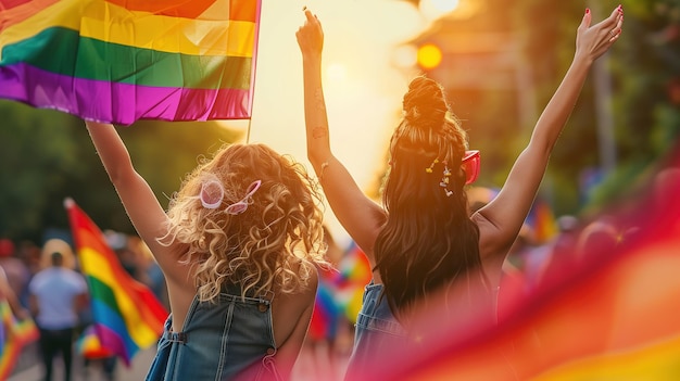Twee vrouwen met een regenboogvlag bij de Pride Parade