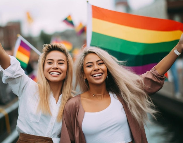 Twee vrouwen met een regenboogvlag op straat.