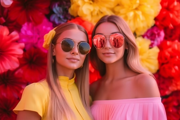 Twee vrouwen met een zonnebril staan voor een kleurrijke bloemenmuur