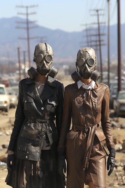 Twee vrouwen met gasmaskers.