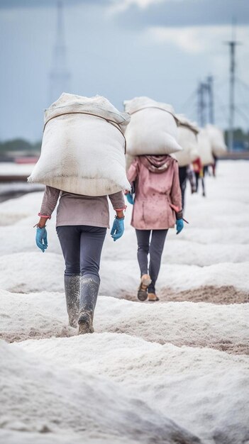 Foto twee vrouwen met handschoenen en een roze jas dragen een zak aardappelen