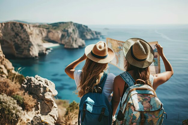 Foto twee vrouwen met hoeden die uitkijken naar de zee met de oceaan op de achtergrond