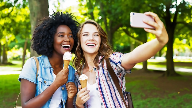 Twee vrouwen nemen een selfie met een mobiele telefoon.