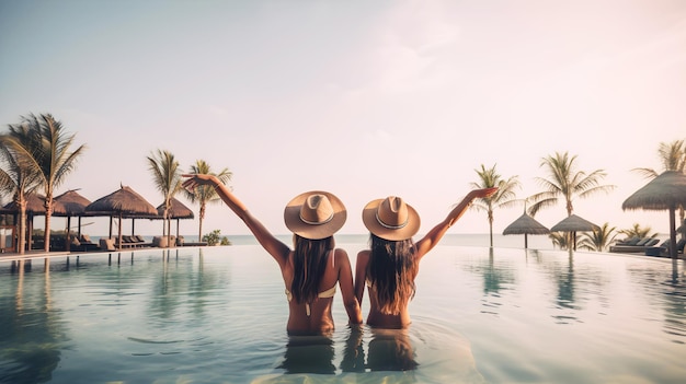 Twee vrouwen ontspannen bij het zwembad in een luxe hotelresort ai generatieve illustratie