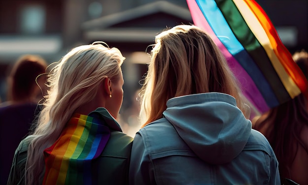 Twee vrouwen op de lgbt-parade met een regenboogvlag uitzicht van de achterkant generatieve ai