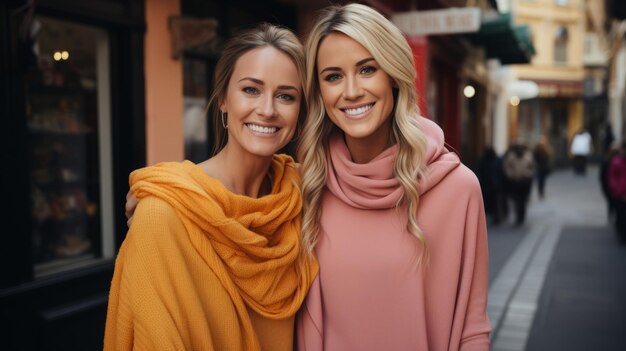 Twee vrouwen poseren gelukkig voor een winkel om hun vreugde te tonen en een positieve sfeer te creëren