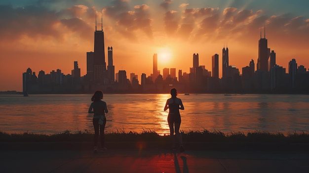 Twee vrouwen rennen langs het meer in Chicago de zon gaat onder over de stad en de lucht brandt van kleur