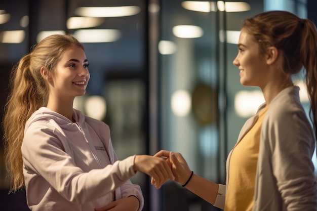 Foto twee vrouwen schudden elkaar de hand, een van hen draagt een geel topje en de ander een geel topje.