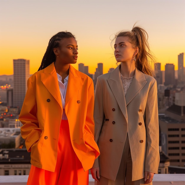 Twee vrouwen staan op een dak. Eén draagt een oranje jas en de andere heeft een stad op de achtergrond.