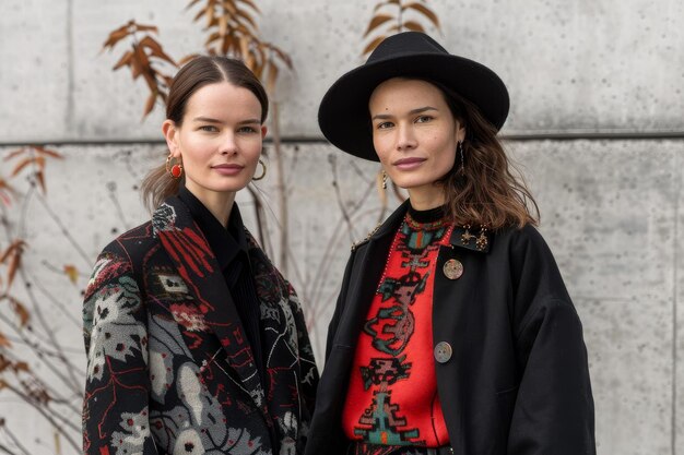 Twee vrouwen staan samen voor een muur