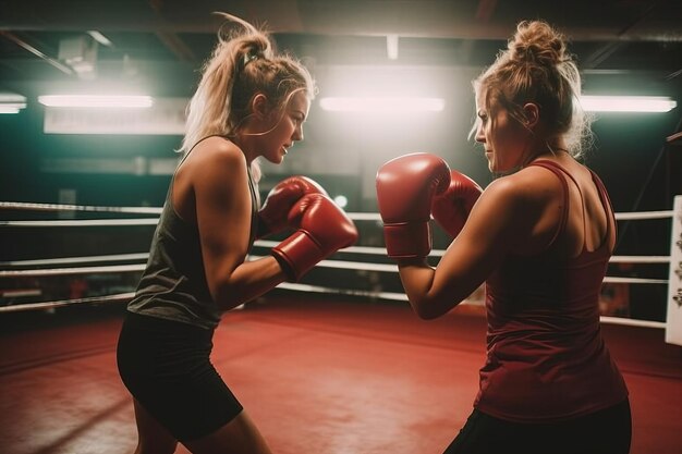 Foto twee vrouwen trainen in een boksring.