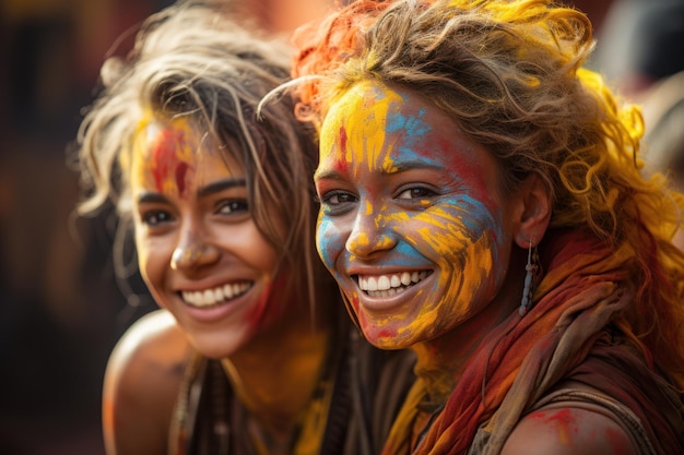 Twee vrouwen versierd in gezicht verf holi festival beelden hd