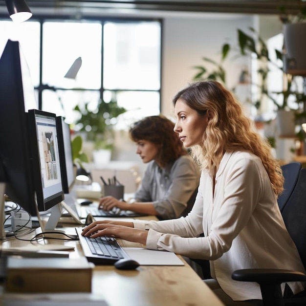 Twee vrouwen werken aan computers in een kantoor.