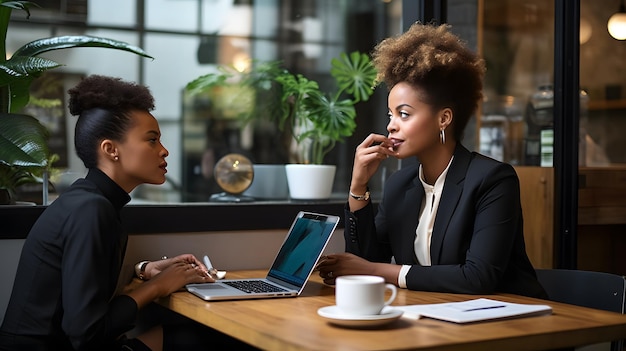 Twee vrouwen werken samen aan een tafel met laptops