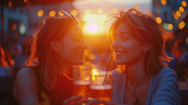 Twee vrouwen zitten aan een tafel met een glas bier