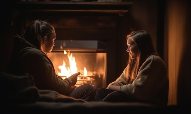 Twee vrouwen zitten bij een vuur voor een open haard.