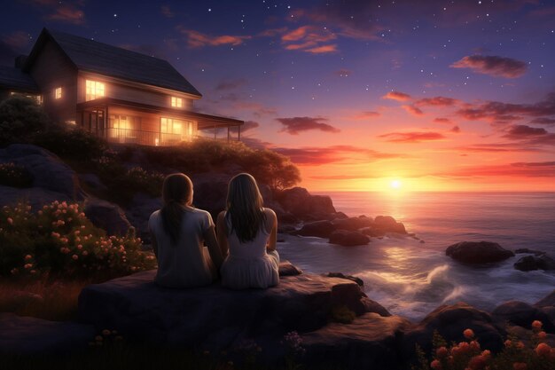 Foto twee vrouwen zitten bij zonsondergang met uitzicht op een huis