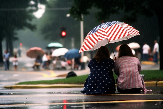 Twee vrouwen zitten onder een paraplu met het woord usa erop.