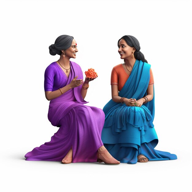 Twee vrouwen zitten op de grond, een van hen heeft een fruit in haar hand.