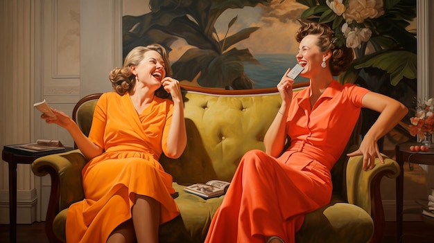 twee vrouwen zitten op de tafel en drinken thee in een donkere kamer