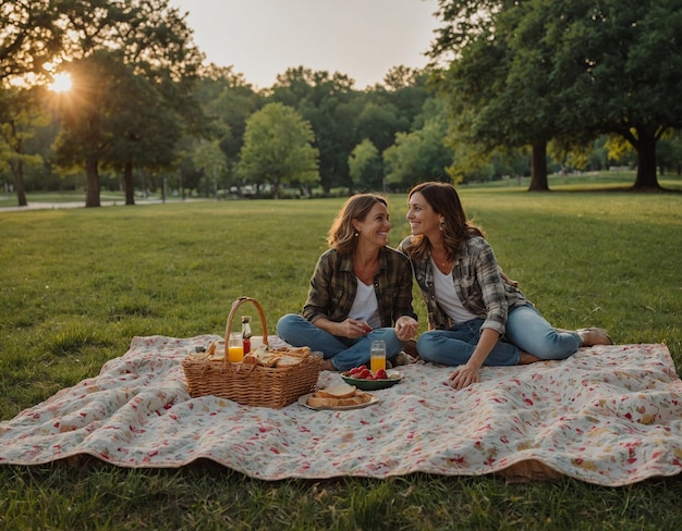 twee vrouwen zitten op een deken in een park met een picknick mand en een fles frisdrank