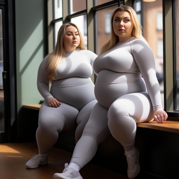 Foto twee vrouwen zitten op een vensterbank, een in een witte outfit.