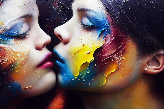 twee vrouwen zoenen badend in olieverfschilderij, digitale afbeelding 3d lgbt